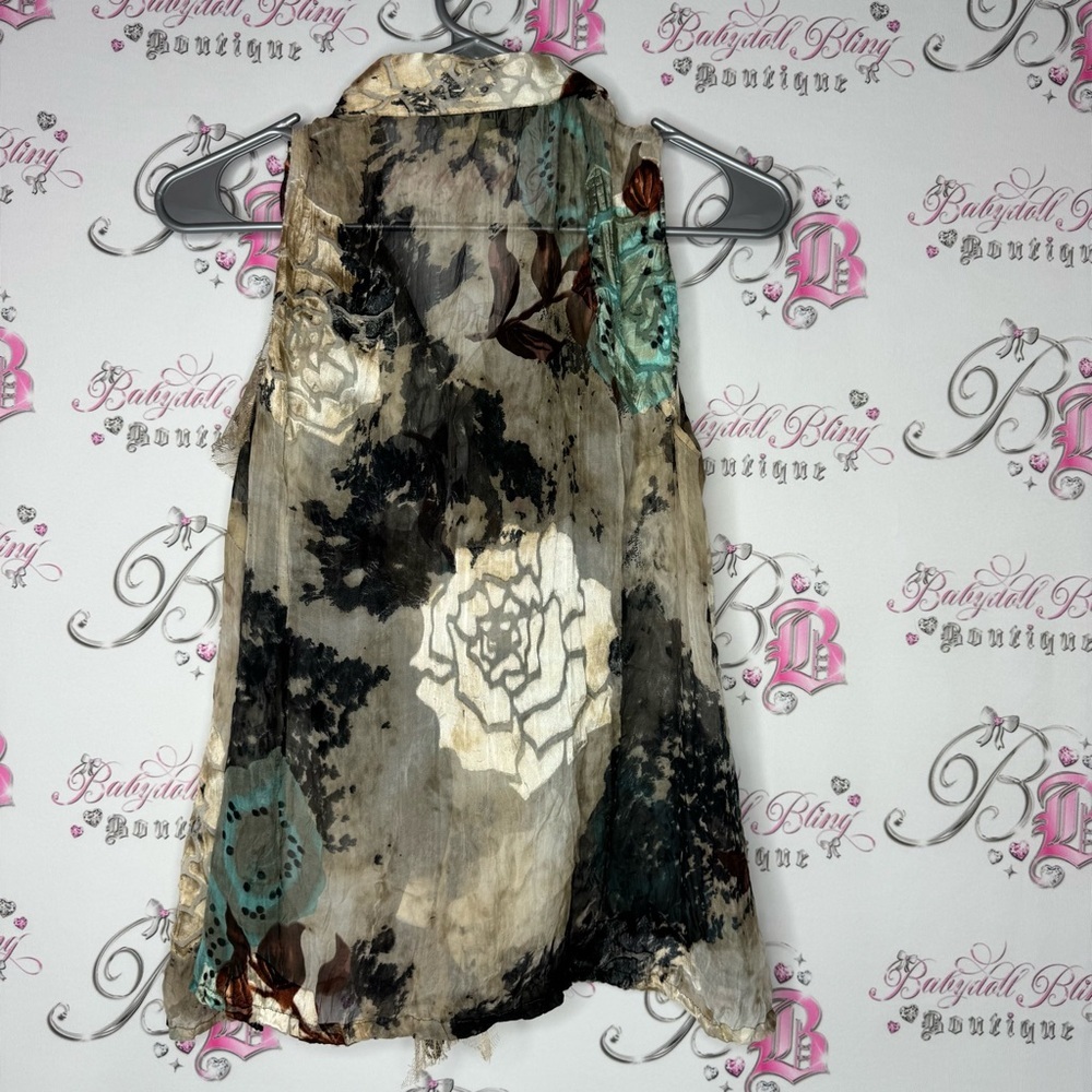 Ness Multicolor Sleeveless Blouse floral silk button ruffle frilly frills shiny - Picture 7 of 12